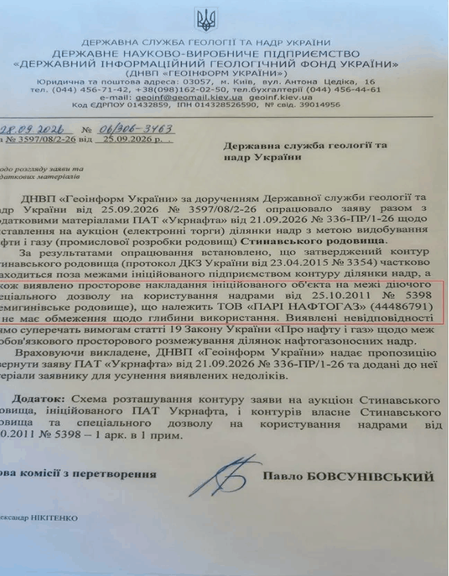 Лист «Геоінформу» щодо аукціону Стинавського родовища